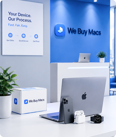 We Buy Macs storefront with iMac on counter