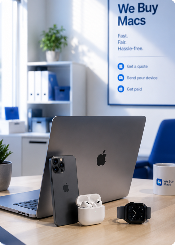 iMac, iPhone and Apple Watch on a desk